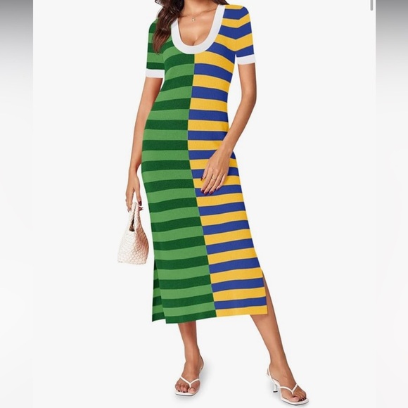 Wenrine Striped Dress Summer Knitted Scoop Neck M Color Block Casual Maxi Dress - Picture 3 of 10